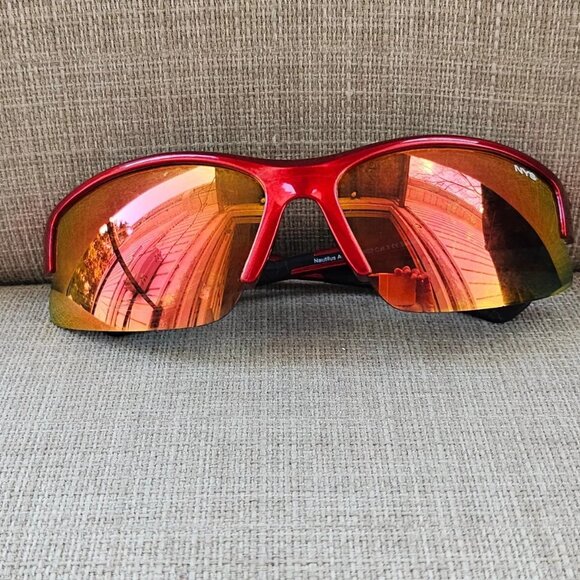 NYS City Men Sunglasses Red Wrap Frame Mirror Lenses Eye Wear Nautilus Avenue - Picture 3 of 11